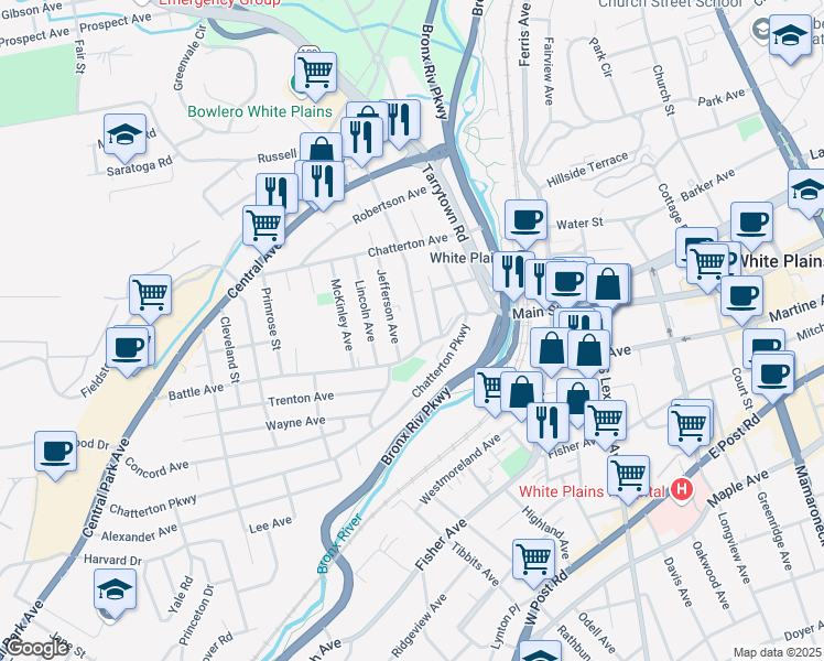 map of restaurants, bars, coffee shops, grocery stores, and more near 166 Harding Avenue in White Plains