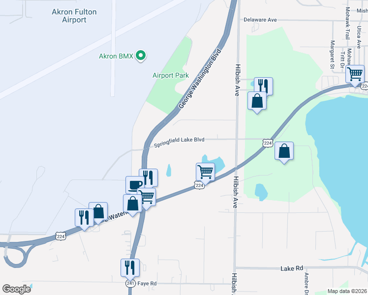 map of restaurants, bars, coffee shops, grocery stores, and more near 1894 Springfield Lake Boulevard in Akron