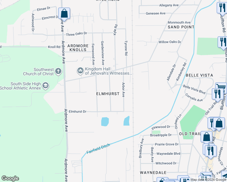 map of restaurants, bars, coffee shops, grocery stores, and more near 5729 Woodheath Avenue in Fort Wayne