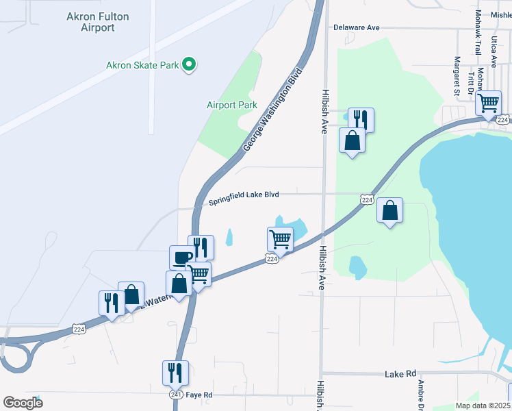 map of restaurants, bars, coffee shops, grocery stores, and more near 1894 Springfield Lake Boulevard in Akron