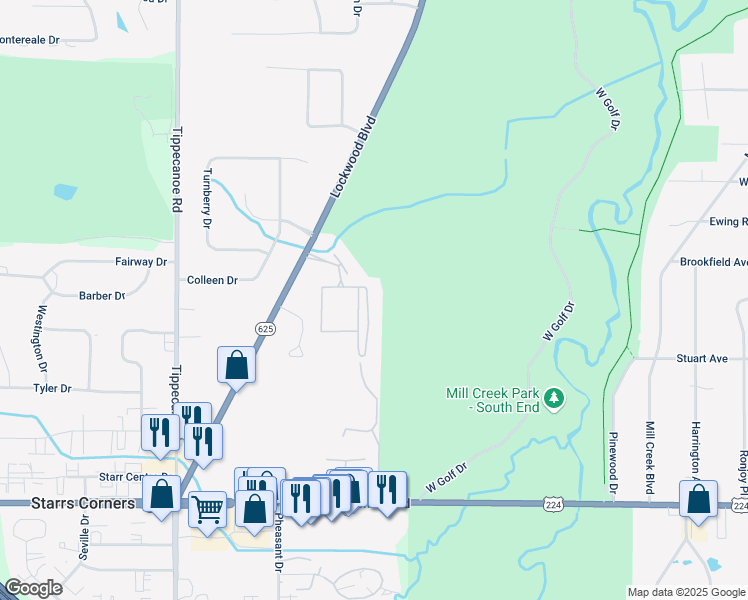 map of restaurants, bars, coffee shops, grocery stores, and more near 6819 Lockwood Boulevard in Youngstown