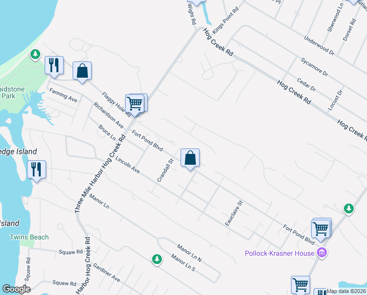 map of restaurants, bars, coffee shops, grocery stores, and more near 17 Washington Avenue in East Hampton