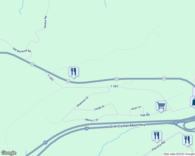 map of restaurants, bars, coffee shops, grocery stores, and more near Pennsylvania 93 in Drums