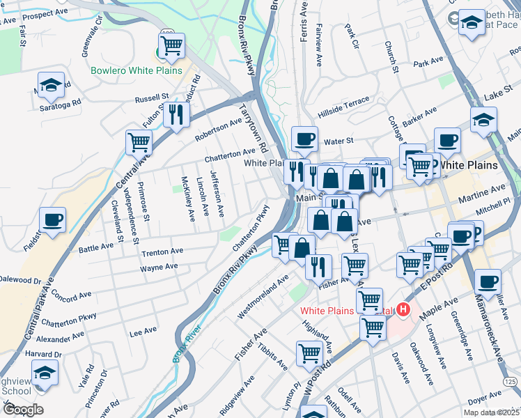 map of restaurants, bars, coffee shops, grocery stores, and more near 52 Battle Avenue in White Plains