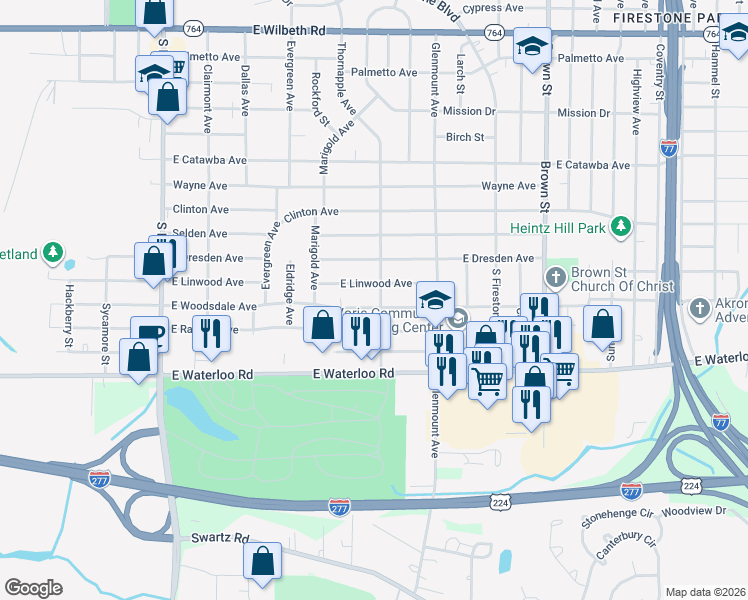 map of restaurants, bars, coffee shops, grocery stores, and more near 1913 Thornapple Avenue in Akron