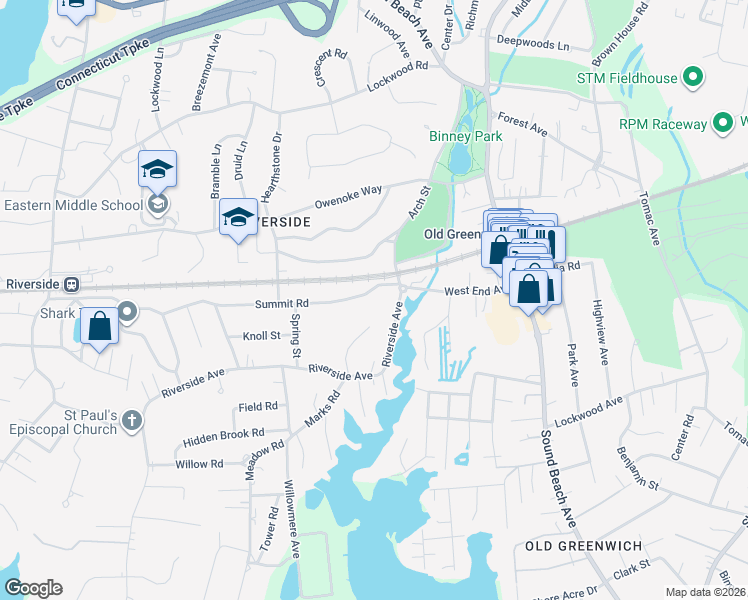 map of restaurants, bars, coffee shops, grocery stores, and more near 353 Riverside Avenue in Greenwich