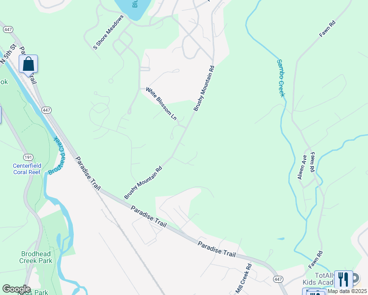map of restaurants, bars, coffee shops, grocery stores, and more near 140 Brushy Mountain Road in East Stroudsburg