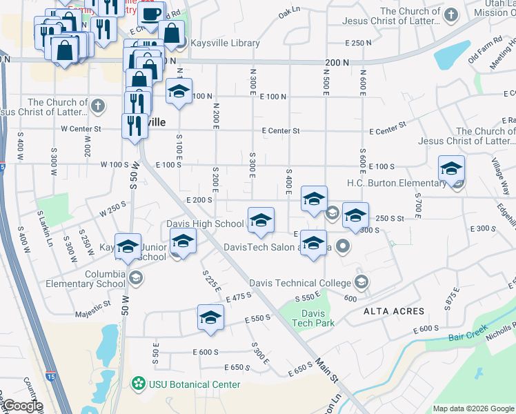 map of restaurants, bars, coffee shops, grocery stores, and more near 229 East 300 South in Kaysville