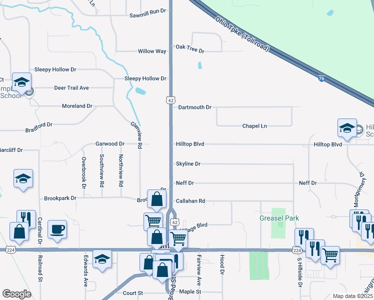 map of restaurants, bars, coffee shops, grocery stores, and more near 31 Hilltop Boulevard in Canfield