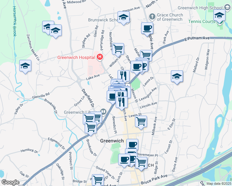 map of restaurants, bars, coffee shops, grocery stores, and more near Two Lafayette Court in Greenwich