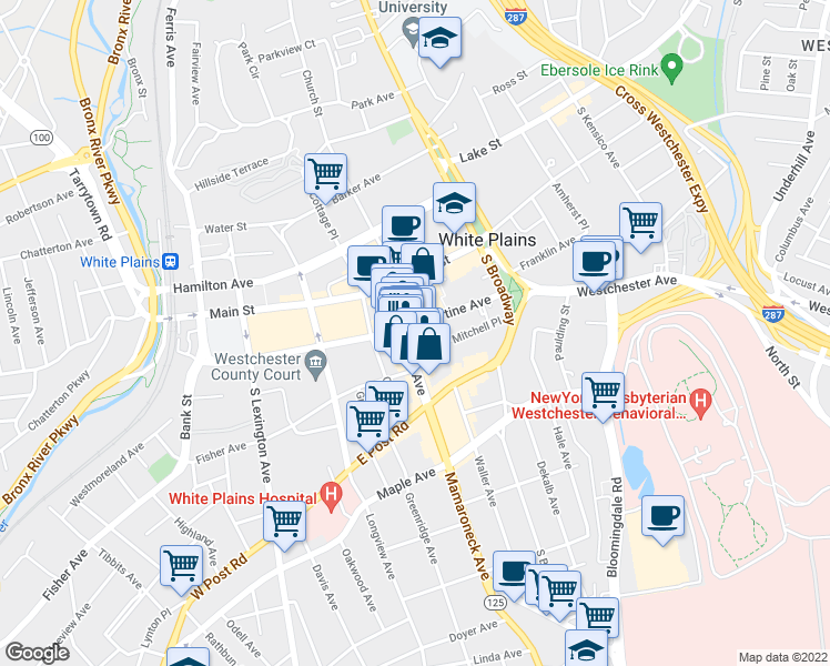 map of restaurants, bars, coffee shops, grocery stores, and more near 200 Martine Avenue in White Plains