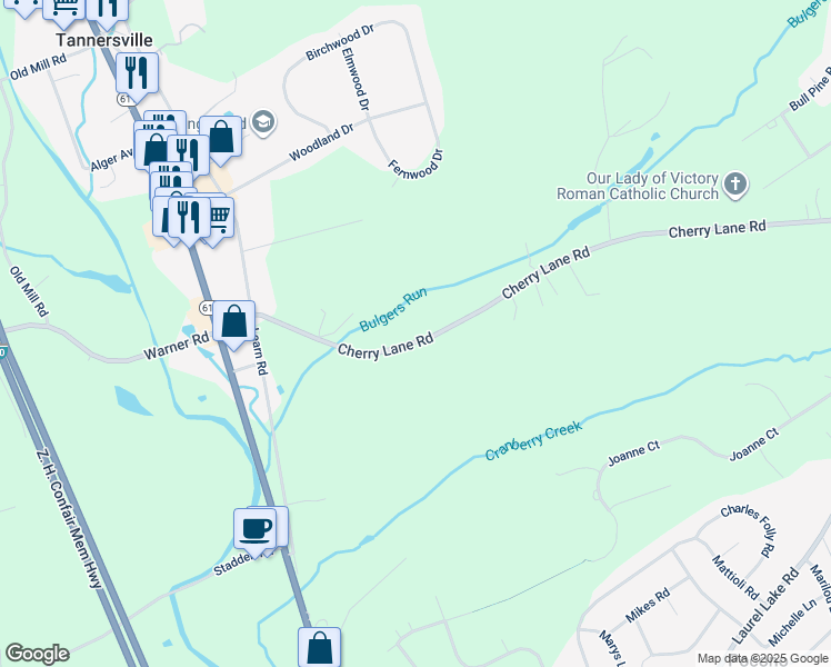 map of restaurants, bars, coffee shops, grocery stores, and more near 191 Cherry Lane Road in Monroe County