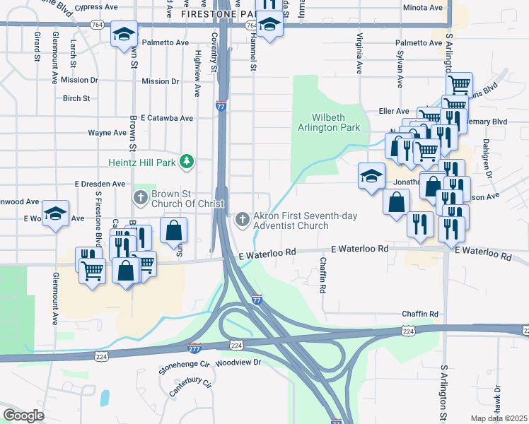 map of restaurants, bars, coffee shops, grocery stores, and more near 680 Lurie Avenue in Akron