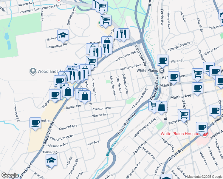 map of restaurants, bars, coffee shops, grocery stores, and more near 55 McKinley Avenue in White Plains