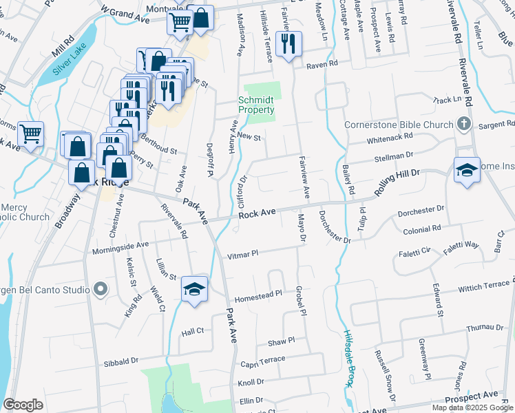 map of restaurants, bars, coffee shops, grocery stores, and more near 237 Rock Avenue in Park Ridge