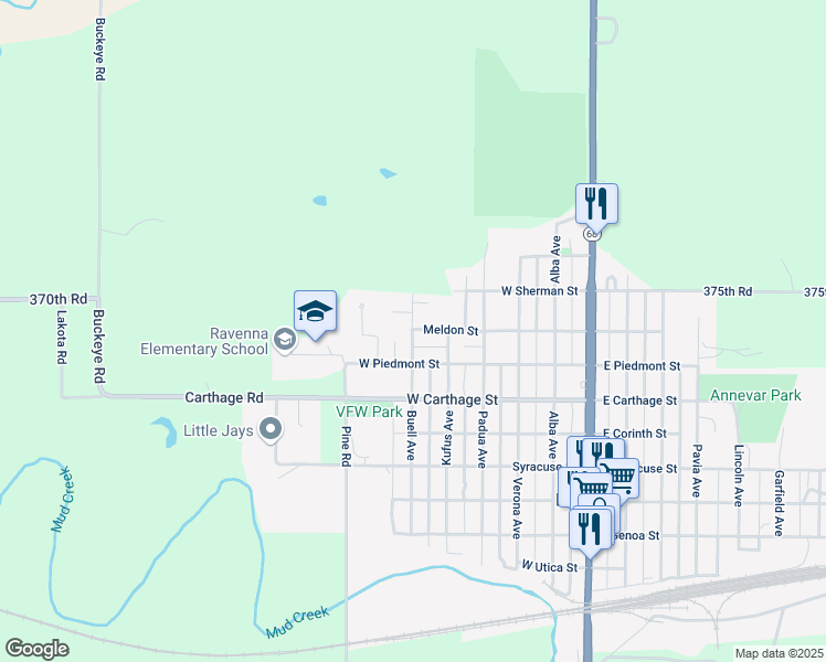 map of restaurants, bars, coffee shops, grocery stores, and more near 599 W Meldon St in Ravenna