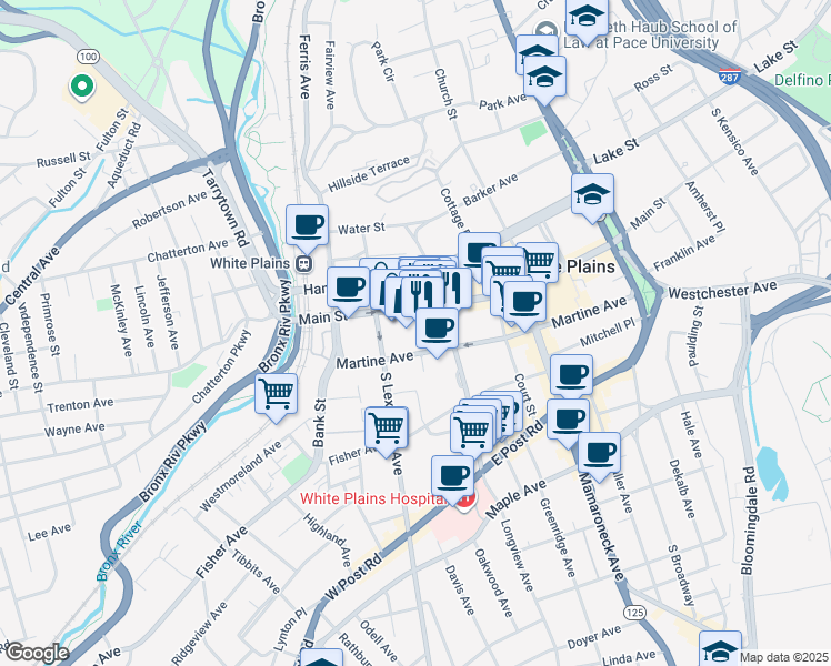 map of restaurants, bars, coffee shops, grocery stores, and more near 64 Martine Avenue in White Plains
