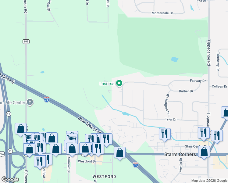 map of restaurants, bars, coffee shops, grocery stores, and more near 4142 Fairway Drive in Canfield