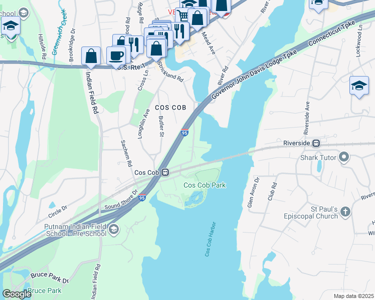map of restaurants, bars, coffee shops, grocery stores, and more near 100 Strickland Road in Greenwich