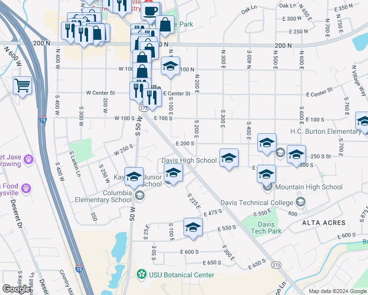 map of restaurants, bars, coffee shops, grocery stores, and more near 258 South 200 East in Kaysville