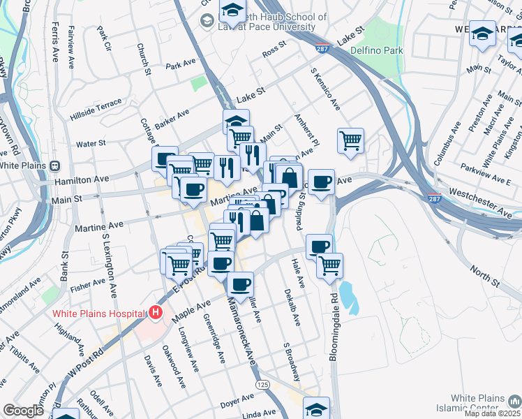 map of restaurants, bars, coffee shops, grocery stores, and more near 44 South Broadway in White Plains