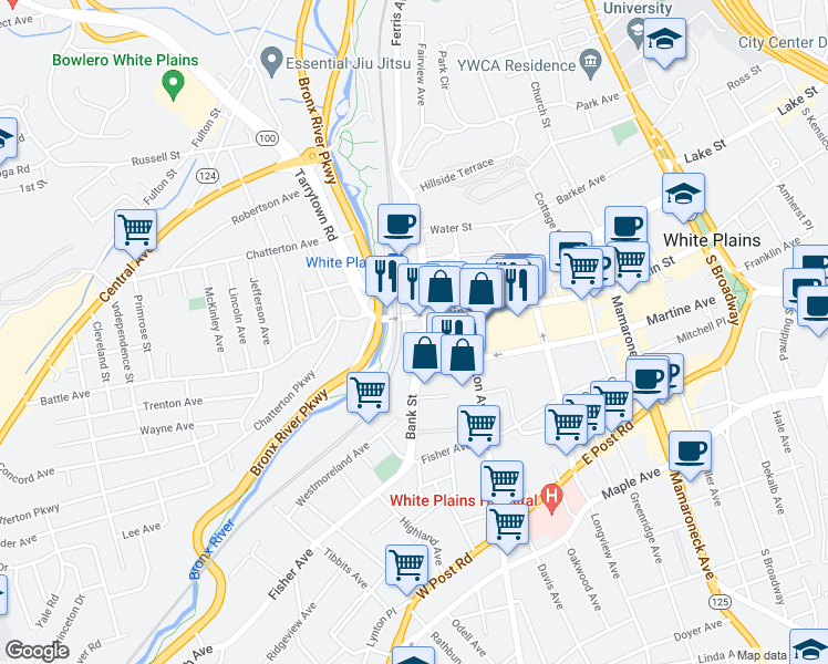 map of restaurants, bars, coffee shops, grocery stores, and more near in White Plains