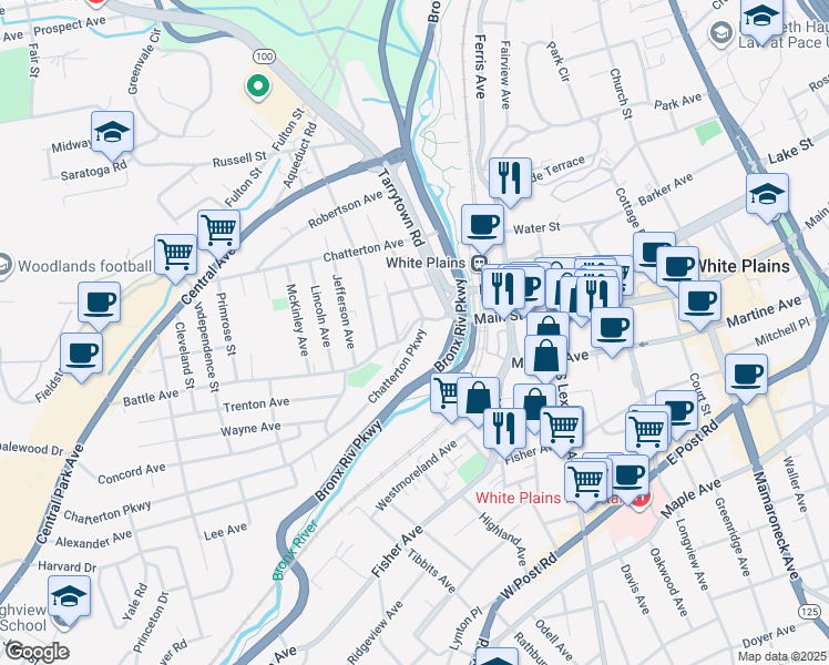 map of restaurants, bars, coffee shops, grocery stores, and more near 52 Battle Avenue in White Plains