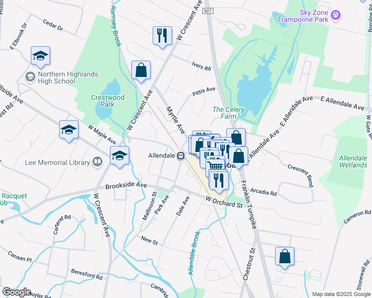 map of restaurants, bars, coffee shops, grocery stores, and more near 114 West Allendale Avenue in Allendale