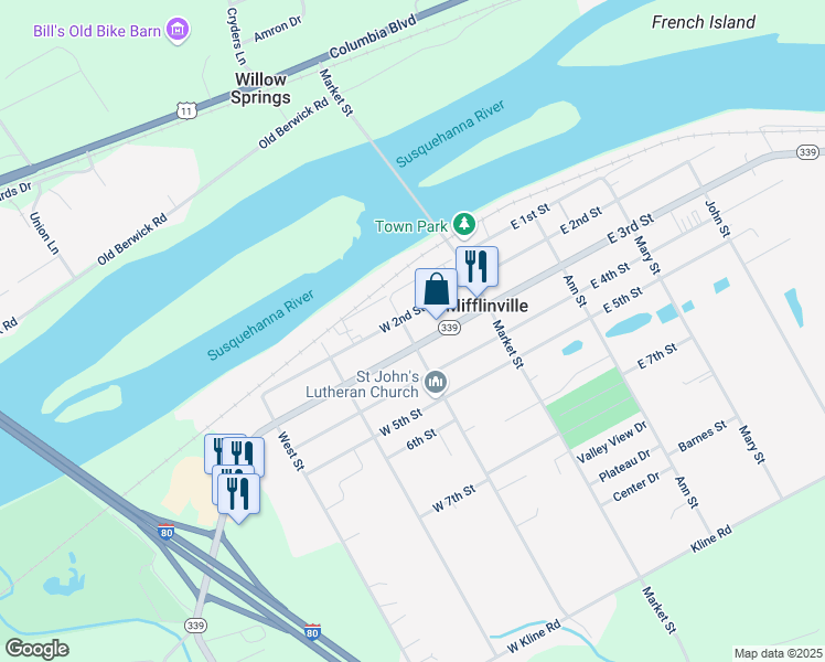 map of restaurants, bars, coffee shops, grocery stores, and more near in Mifflinville