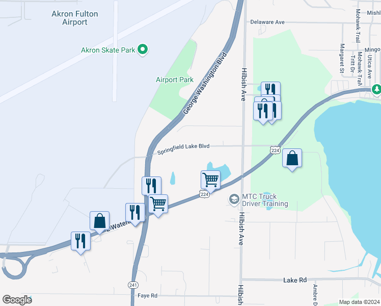 map of restaurants, bars, coffee shops, grocery stores, and more near 1894 Springfield Lake Boulevard in Akron
