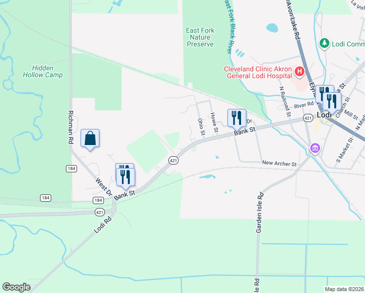 map of restaurants, bars, coffee shops, grocery stores, and more near 730 Ohio 421 in Lodi