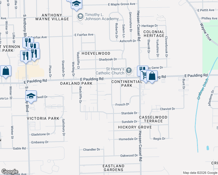 map of restaurants, bars, coffee shops, grocery stores, and more near 5916 Waycross Drive in Fort Wayne