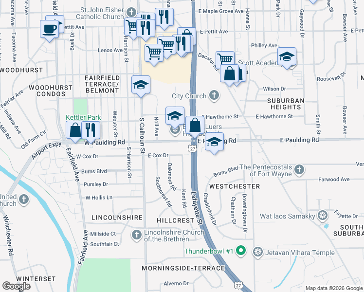 map of restaurants, bars, coffee shops, grocery stores, and more near 343 East Cox Drive in Fort Wayne