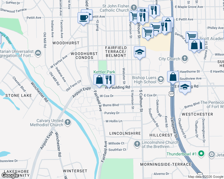 map of restaurants, bars, coffee shops, grocery stores, and more near 322 West Cox Drive in Fort Wayne