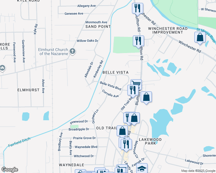 map of restaurants, bars, coffee shops, grocery stores, and more near 2728 Corvalis Avenue in Fort Wayne