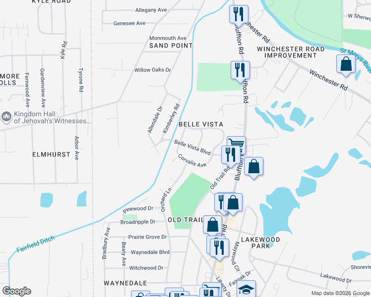 map of restaurants, bars, coffee shops, grocery stores, and more near 2728 Corvalis Avenue in Fort Wayne