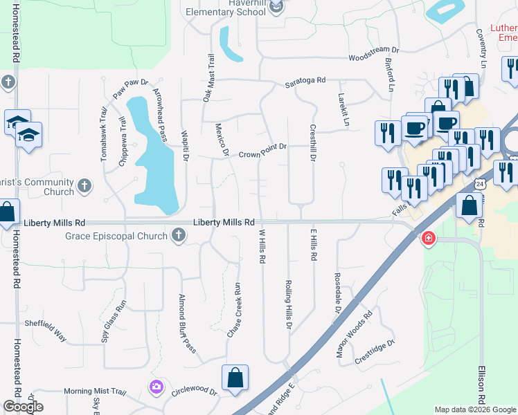 map of restaurants, bars, coffee shops, grocery stores, and more near 5727 West Hills Road in Fort Wayne