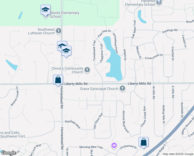 map of restaurants, bars, coffee shops, grocery stores, and more near 5732 Tomahawk Trail in Fort Wayne