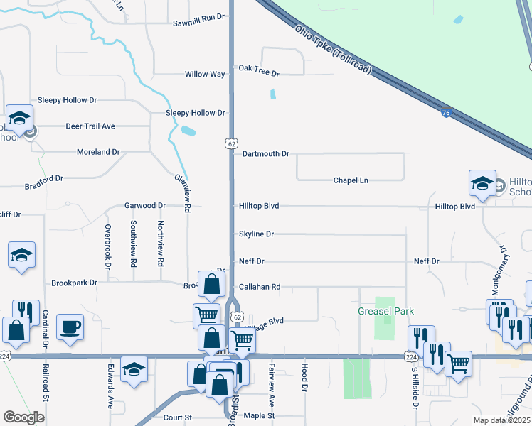 map of restaurants, bars, coffee shops, grocery stores, and more near 31 Hilltop Boulevard in Canfield
