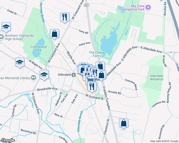 map of restaurants, bars, coffee shops, grocery stores, and more near 30 Maple Street in Allendale