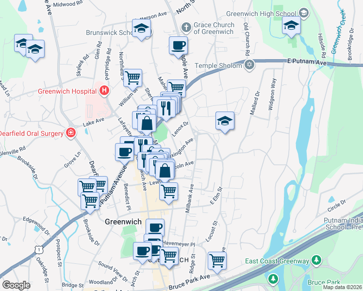 map of restaurants, bars, coffee shops, grocery stores, and more near 35 Lexington Avenue in Greenwich