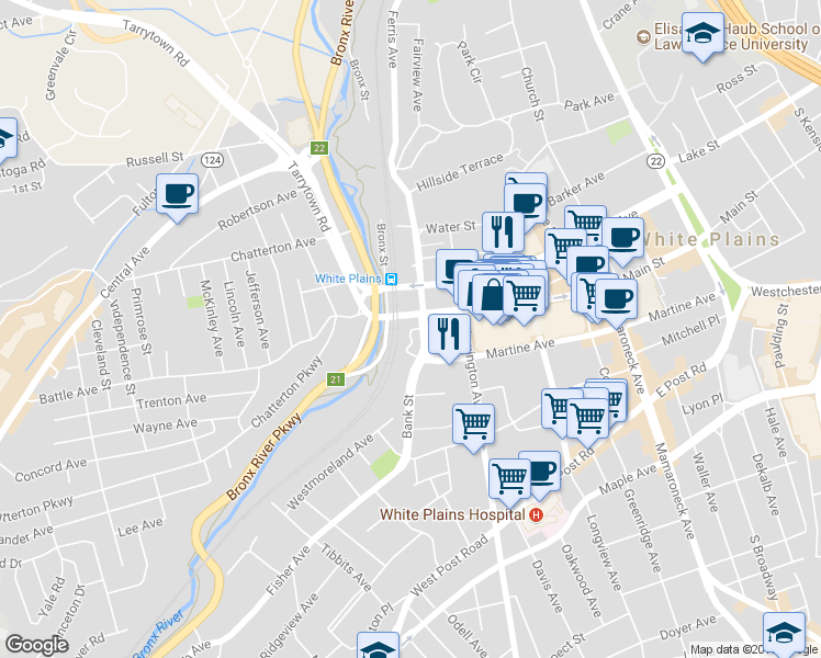 map of restaurants, bars, coffee shops, grocery stores, and more near 25 Bank Street in White Plains