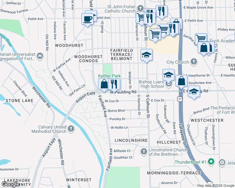 map of restaurants, bars, coffee shops, grocery stores, and more near 322 West Cox Drive in Fort Wayne
