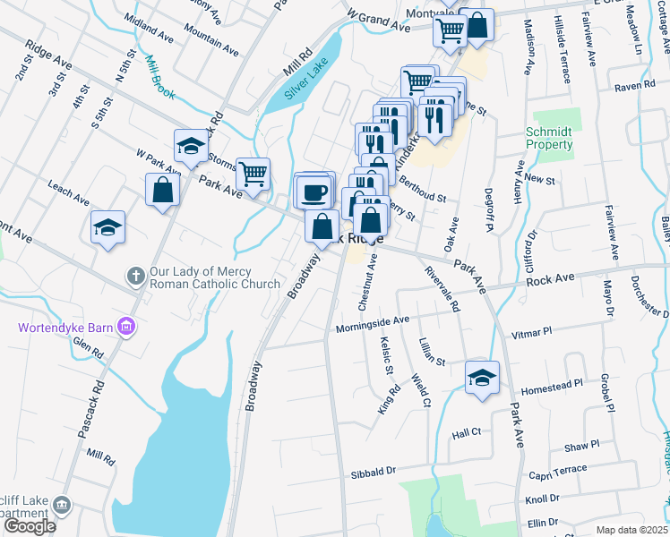 map of restaurants, bars, coffee shops, grocery stores, and more near 107 Roland Street in Park Ridge