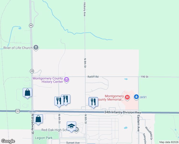 map of restaurants, bars, coffee shops, grocery stores, and more near 800 Ratliff Road in Red Oak