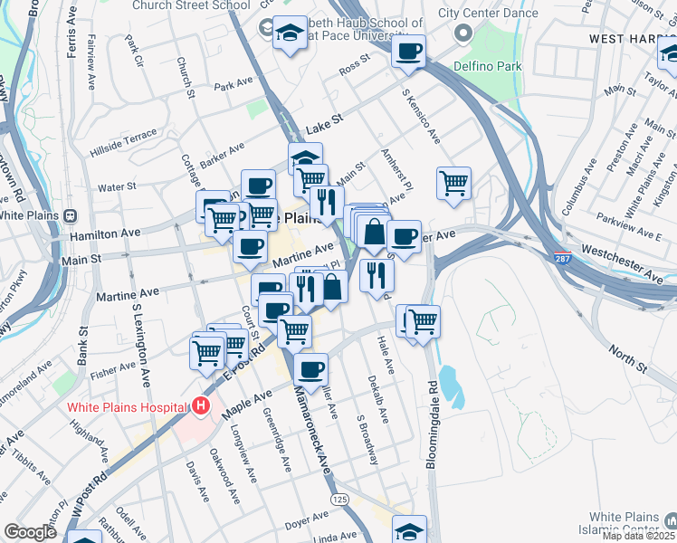 map of restaurants, bars, coffee shops, grocery stores, and more near 35 South Broadway in White Plains