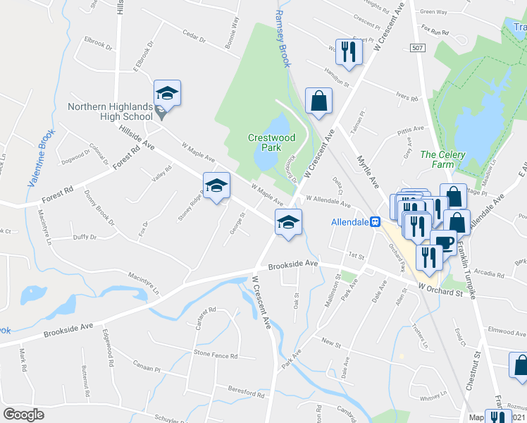 map of restaurants, bars, coffee shops, grocery stores, and more near 22 Hillside Avenue in Allendale