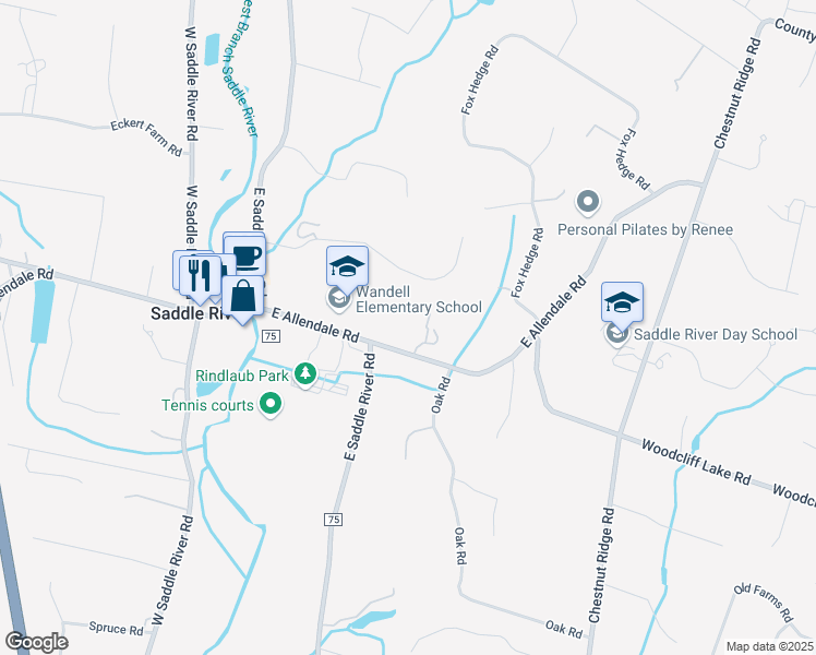 map of restaurants, bars, coffee shops, grocery stores, and more near 111 East Allendale Road in Saddle River