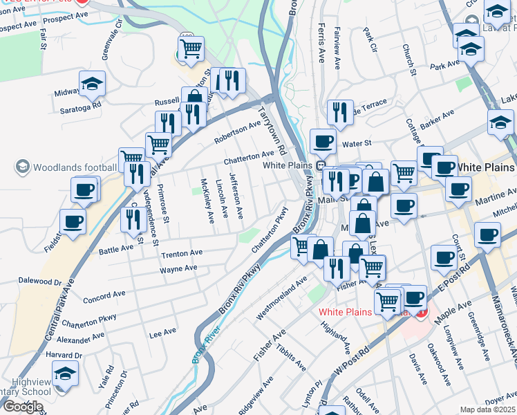 map of restaurants, bars, coffee shops, grocery stores, and more near 156 Harding Avenue in White Plains