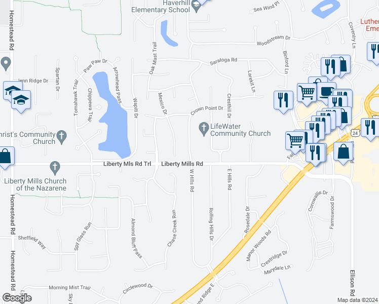 map of restaurants, bars, coffee shops, grocery stores, and more near 5706 West Hills Road in Fort Wayne